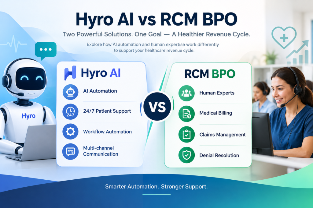 Hyro AI vs RCM BPO comparison showing AI automation and human revenue cycle management services